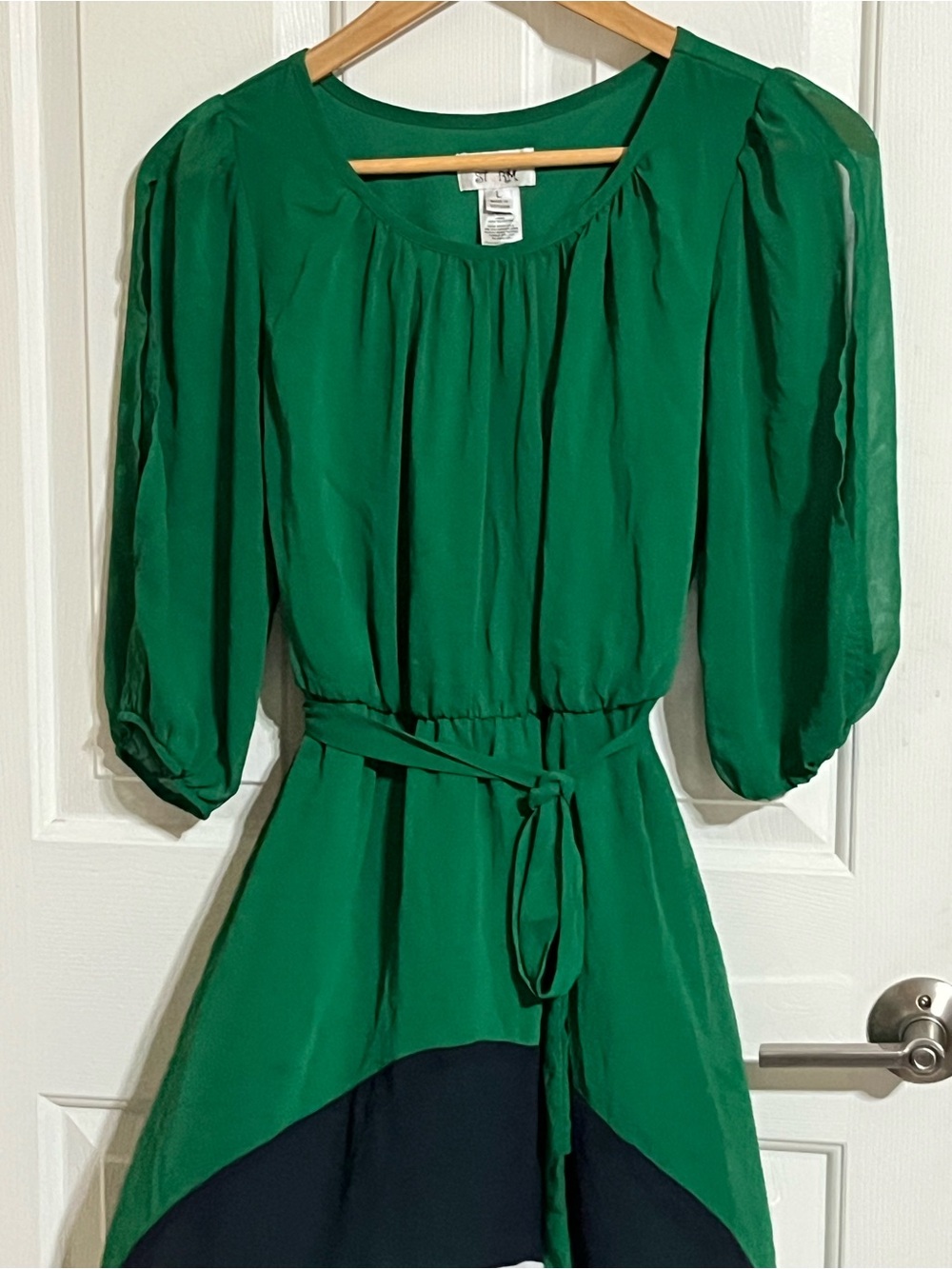 Sweet Storm Emerald Green Puff Sleeve Tunic with Self Tie